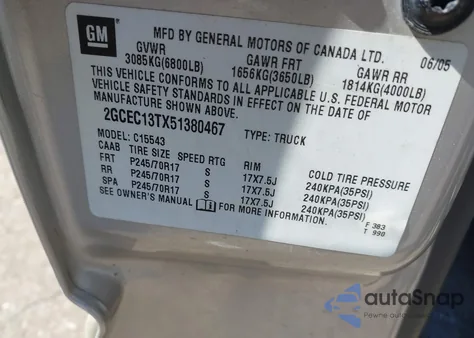 2005 Chevrolet Silverado 1500 Lt из США, поврежденный, VIN 2GCEC13TX51380467